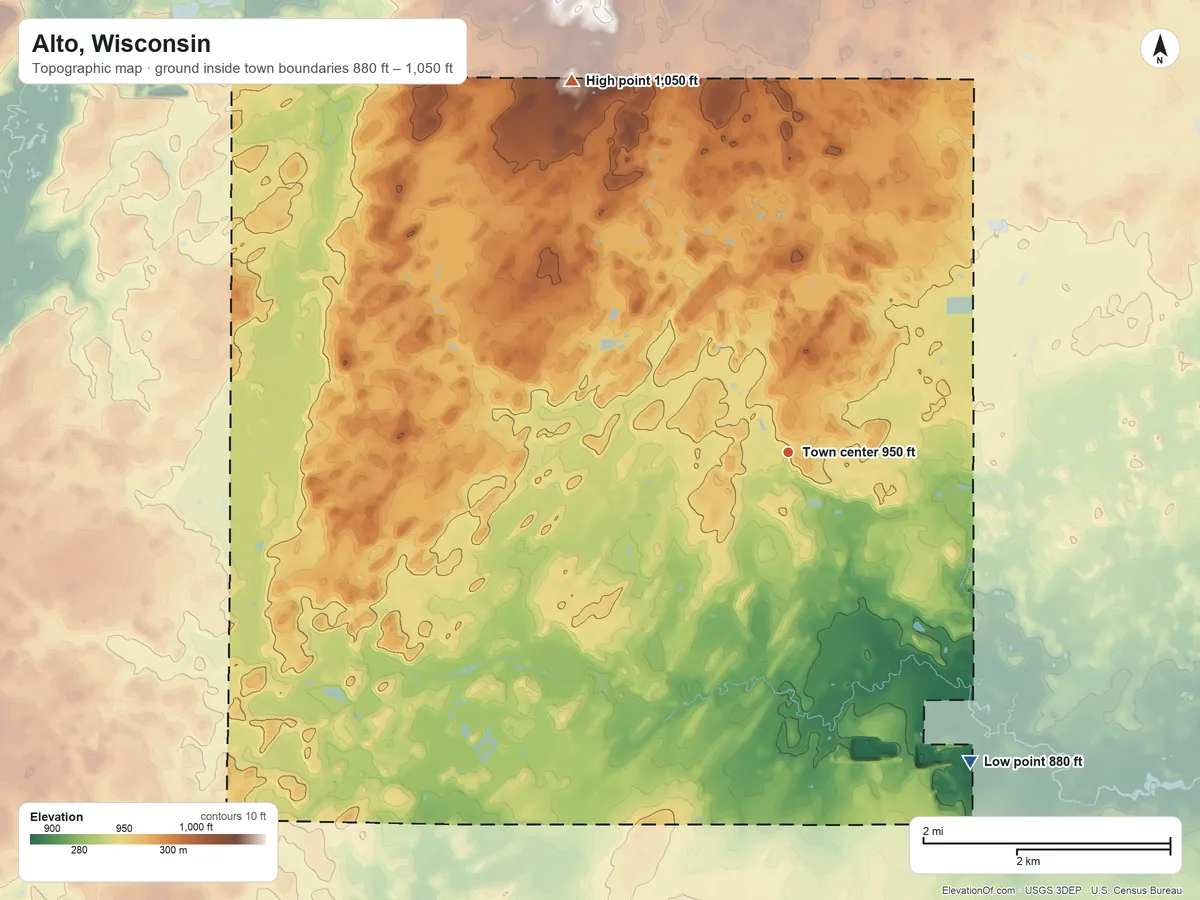 Topographic elevation map of Alto, Wisconsin, shaded from 880 ft on the southeast side to 1,050 ft on the northwest side