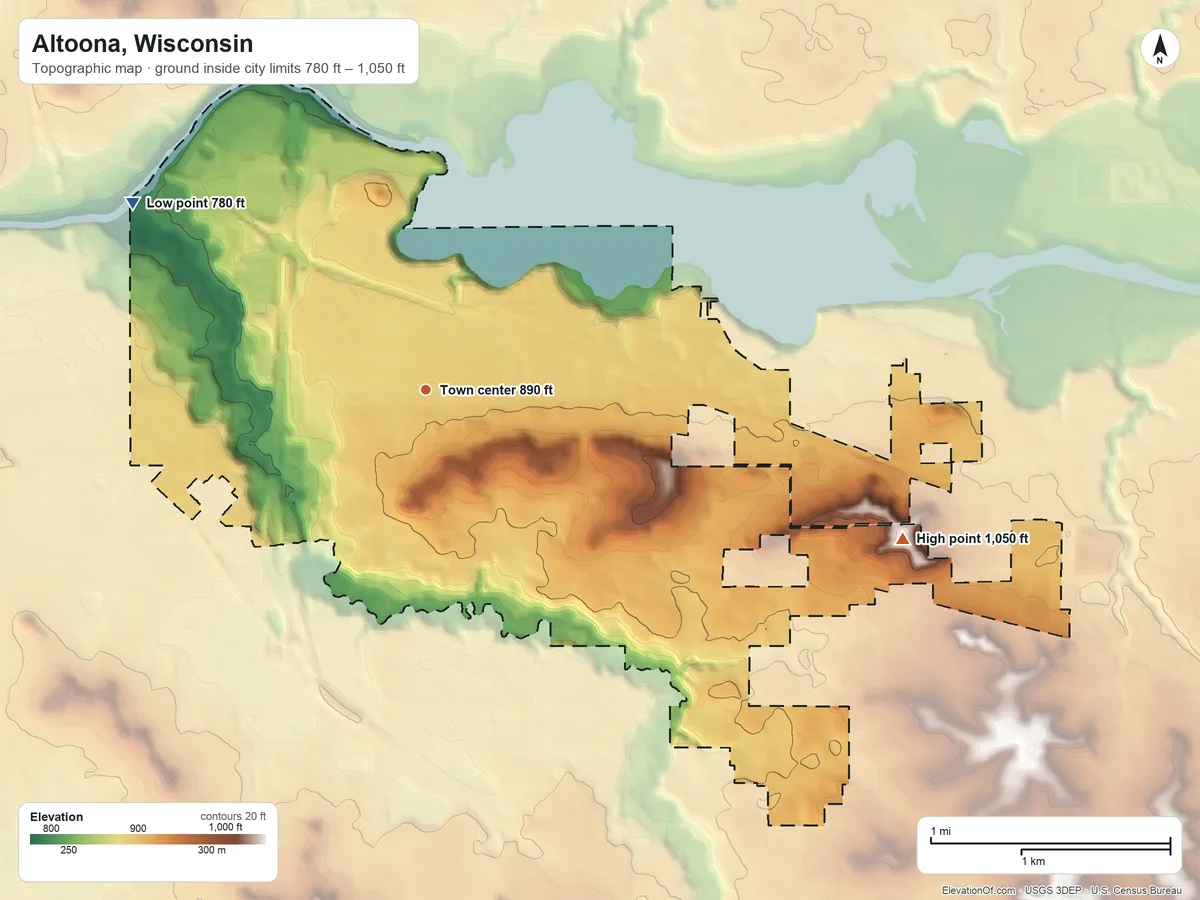 Topographic elevation map of Altoona, Wisconsin, shaded from 780 ft on the northwest side to 1,050 ft on the east side