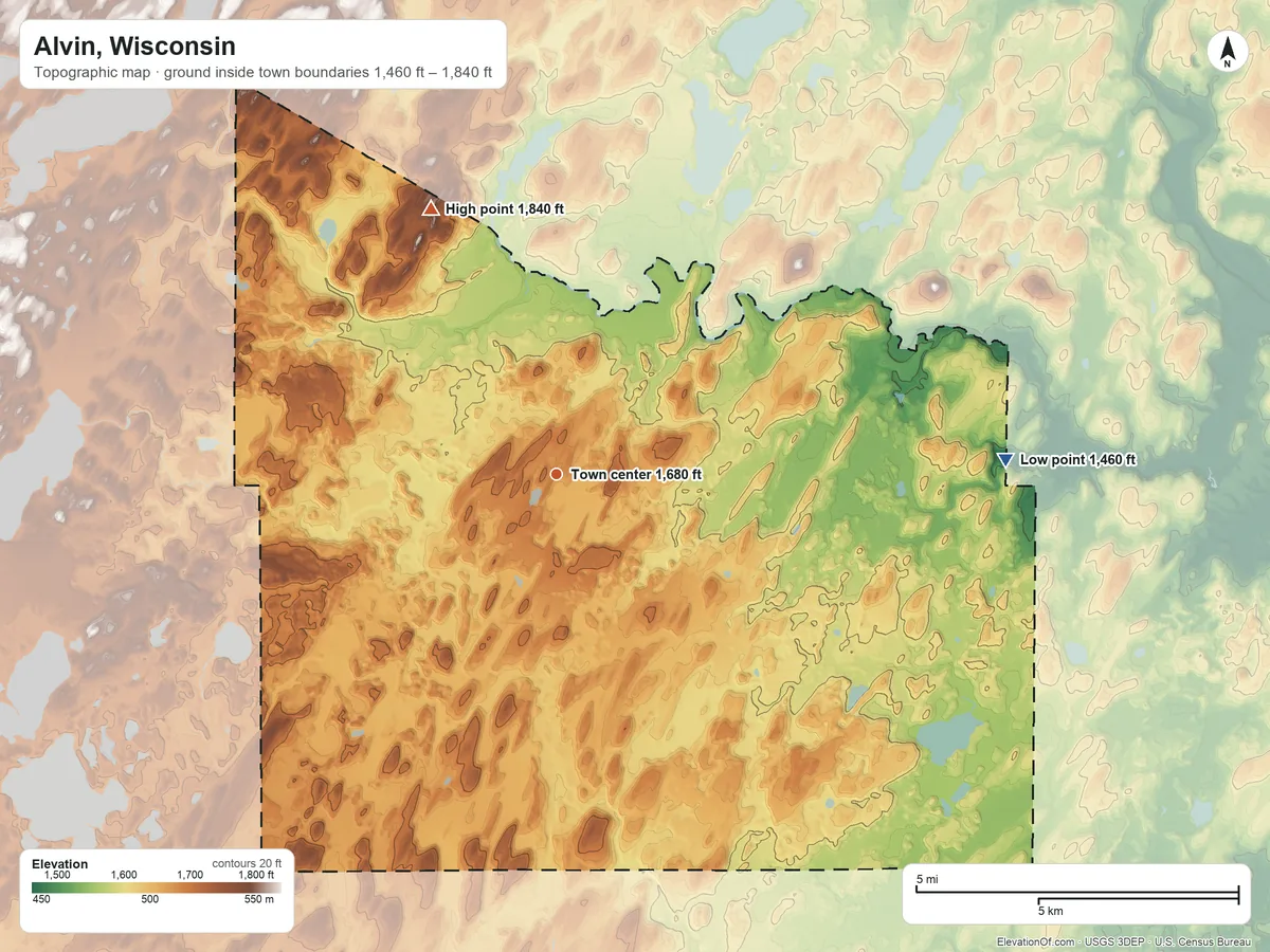 Topographic elevation map of Alvin, Wisconsin, shaded from 1,460 ft on the east side to 1,840 ft on the northwest side