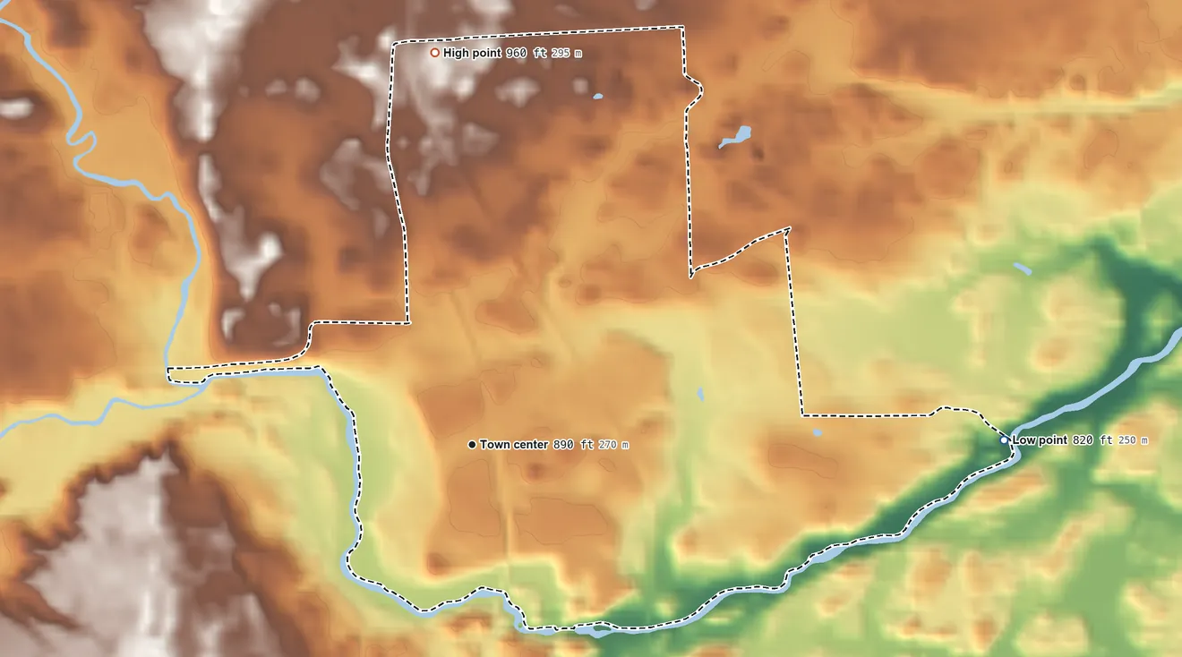 Topographic elevation map of Amberg, Marinette County, Wisconsin, shaded from 820 ft on the east side to 960 ft on the north side