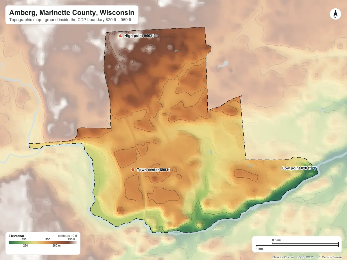 Topographic elevation map of Amberg, Marinette County, Wisconsin, shaded from 820 ft on the east side to 960 ft on the north side