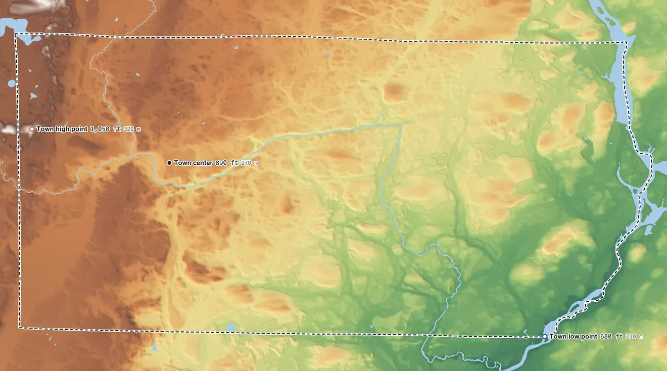 Topographic elevation map of Amberg, Wisconsin, shaded from 680 ft on the southeast side to 1,050 ft on the west side