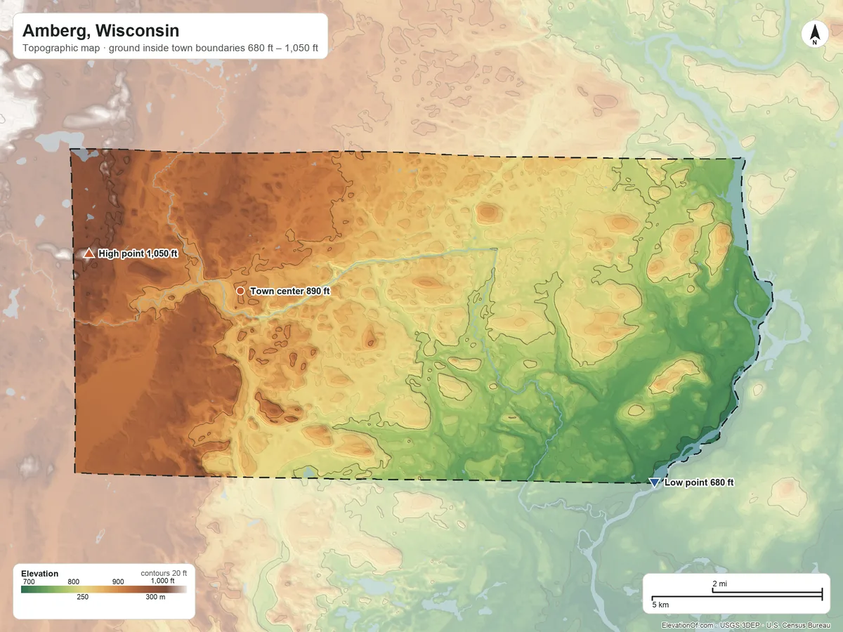 Topographic elevation map of Amberg, Wisconsin, shaded from 680 ft on the southeast side to 1,050 ft on the west side