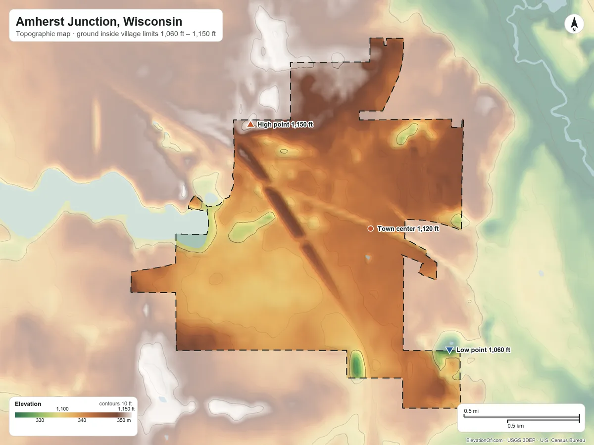 Topographic elevation map of Amherst Junction, Wisconsin, shaded from 1,060 ft on the southeast side to 1,150 ft on the northwest side