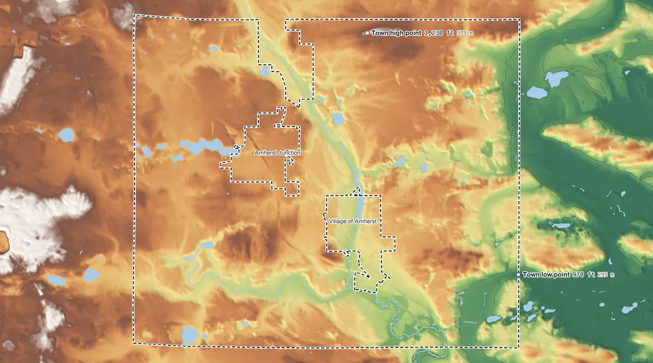 Topographic elevation map of Amherst, Wisconsin, shaded from 970 ft on the east side to 1,230 ft on the northeast side