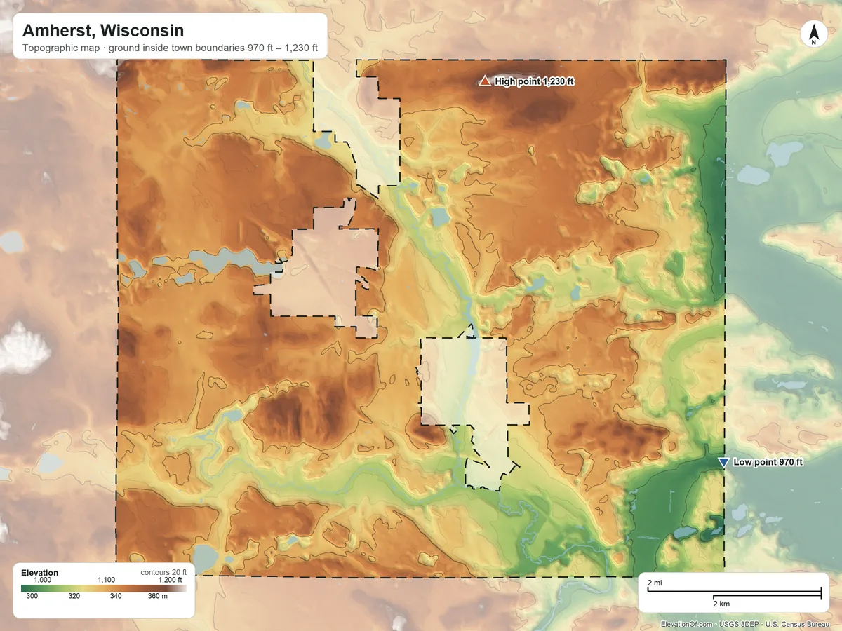 Topographic elevation map of Amherst, Wisconsin, shaded from 970 ft on the east side to 1,230 ft on the northeast side