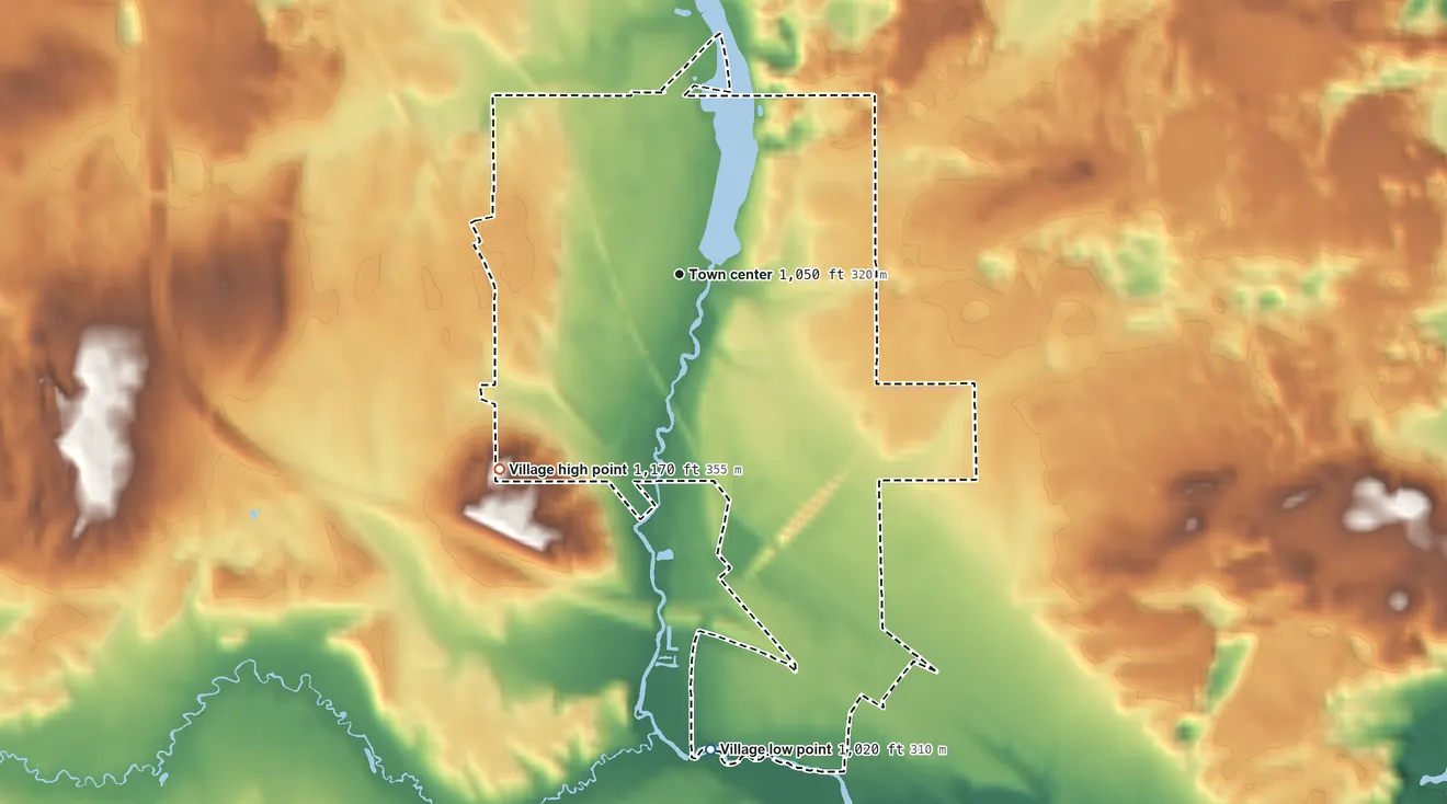 Topographic elevation map of Village of Amherst, Wisconsin, shaded from 1,020 ft on the south side to 1,170 ft on the southwest side
