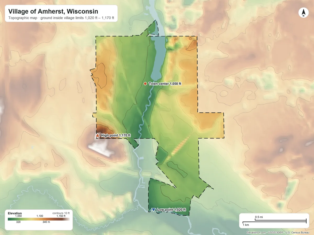 Topographic elevation map of Village of Amherst, Wisconsin, shaded from 1,020 ft on the south side to 1,170 ft on the southwest side