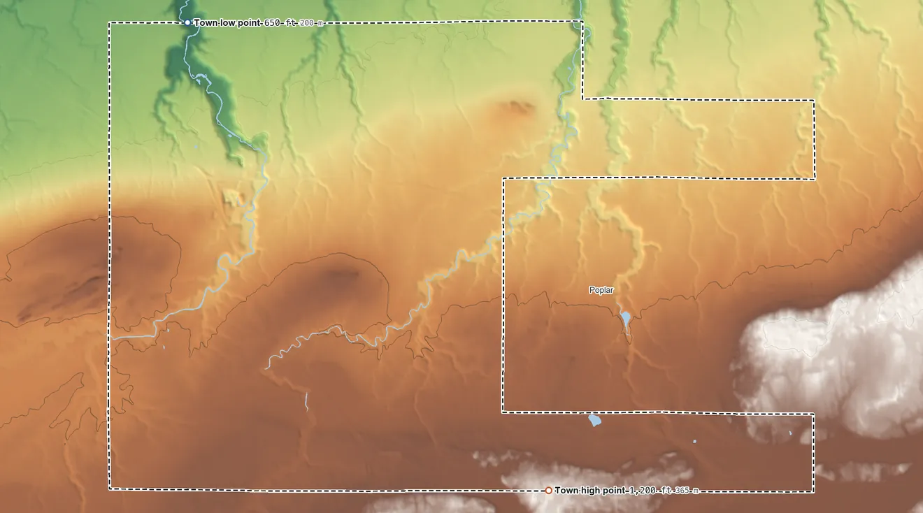 Topographic elevation map of Amnicon, Wisconsin, shaded from 650 ft on the northwest side to 1,200 ft on the southeast side