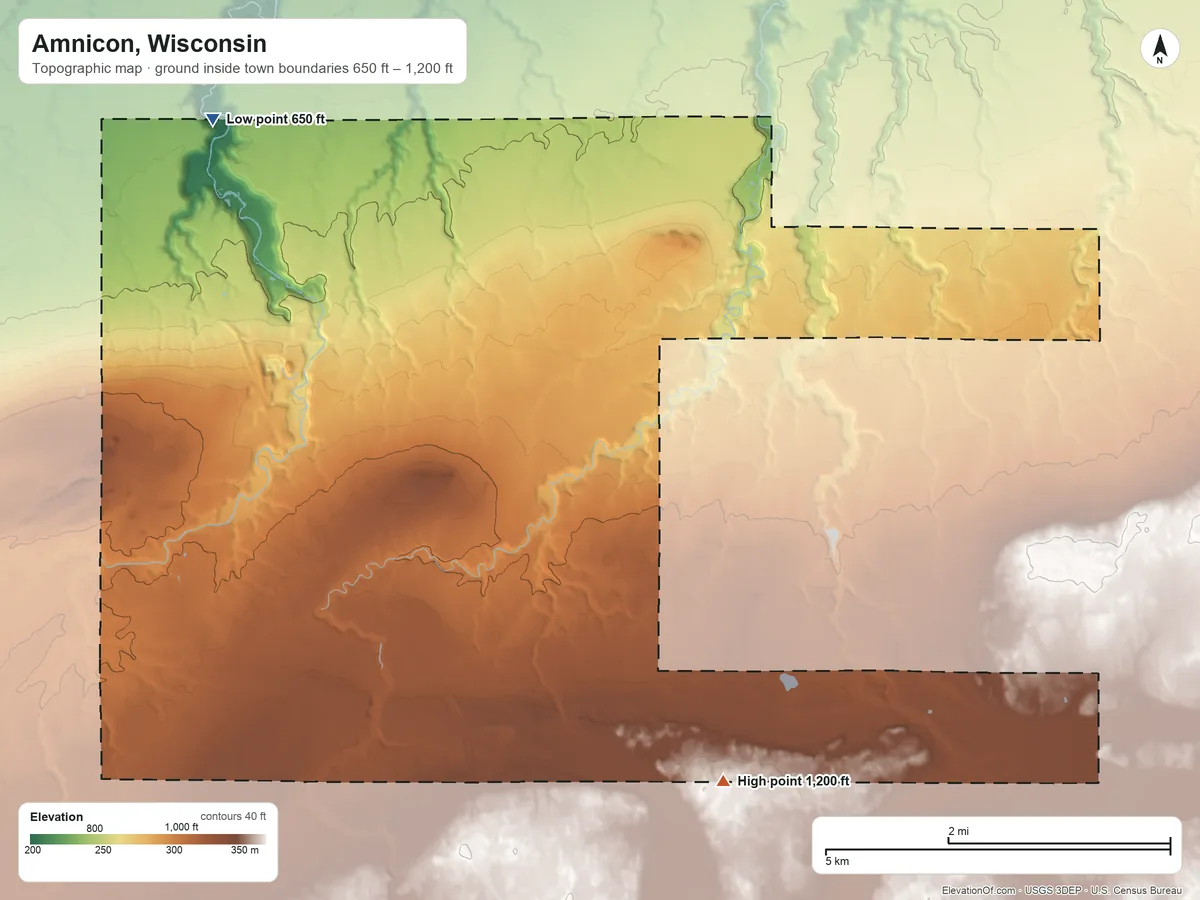 Topographic elevation map of Amnicon, Wisconsin, shaded from 650 ft on the northwest side to 1,200 ft on the southeast side
