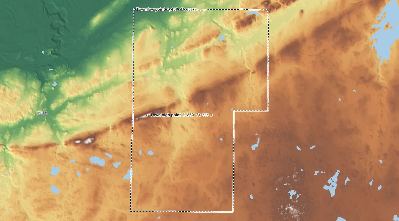 Topographic elevation map of Anderson, Iron County, Wisconsin, shaded from 1,150 ft on the northwest side to 1,860 ft on the southwest side