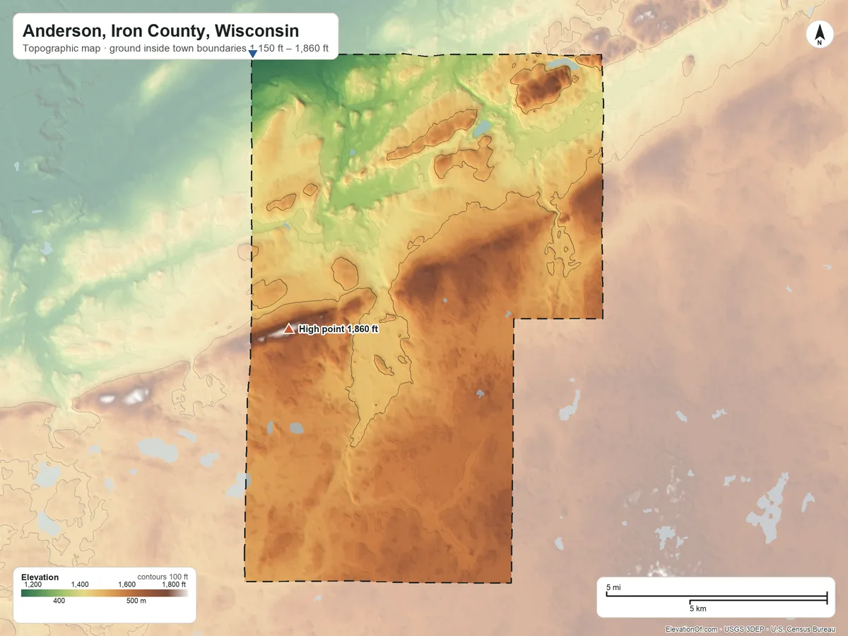 Topographic elevation map of Anderson, Iron County, Wisconsin, shaded from 1,150 ft on the northwest side to 1,860 ft on the southwest side