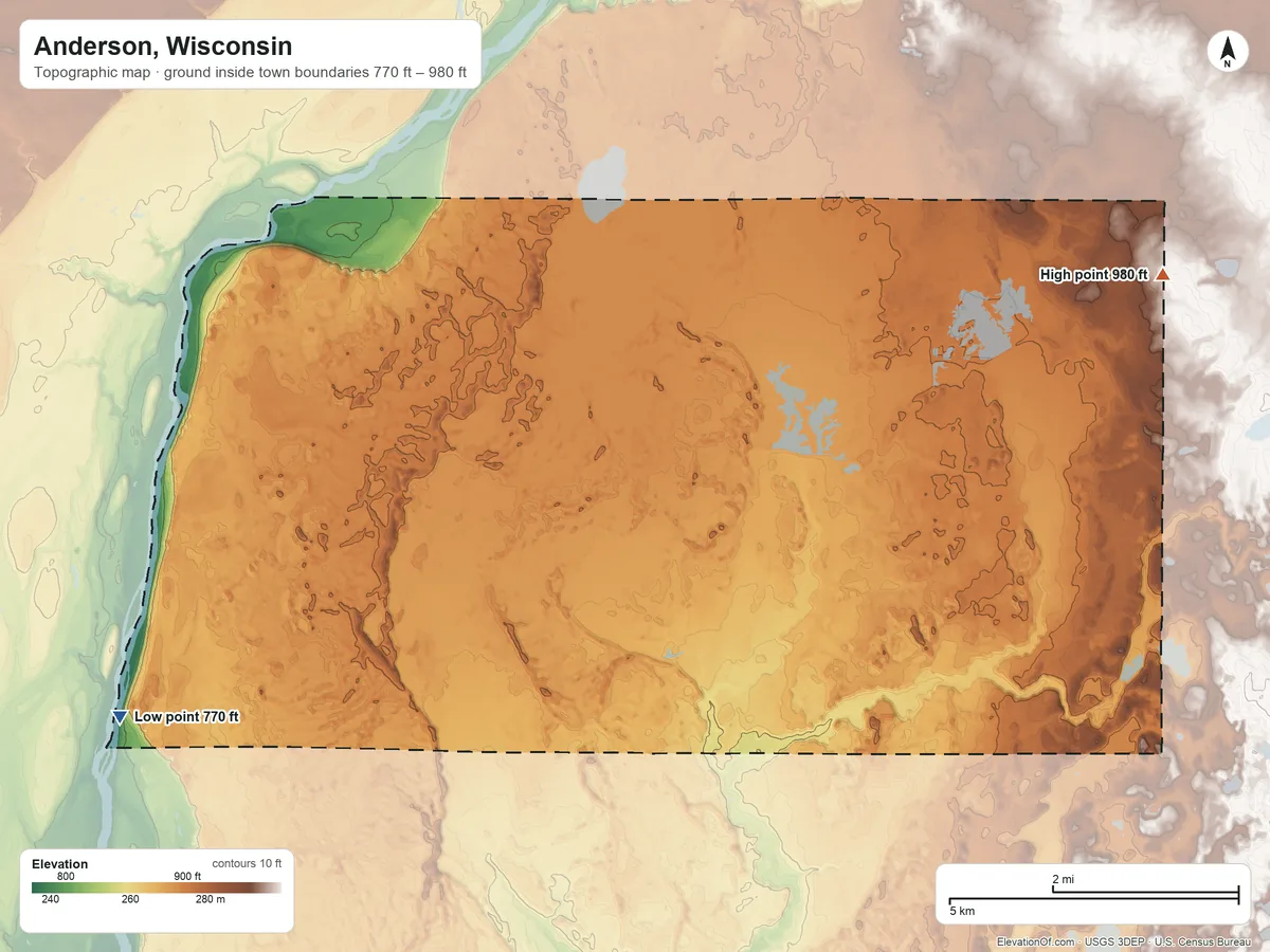 Topographic elevation map of Anderson, Wisconsin, shaded from 770 ft on the west side to 980 ft on the northeast side