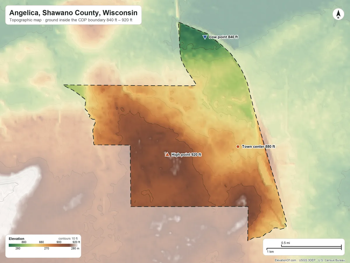 Topographic elevation map of Angelica, Shawano County, Wisconsin, shaded from 840 ft on the north side to 920 ft on the west side