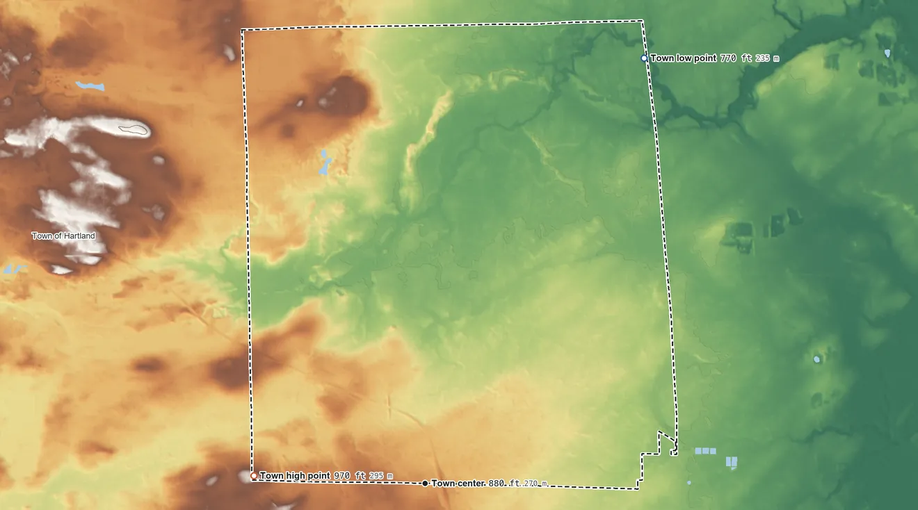 Topographic elevation map of Angelica, Wisconsin, shaded from 770 ft on the northeast side to 970 ft on the west side