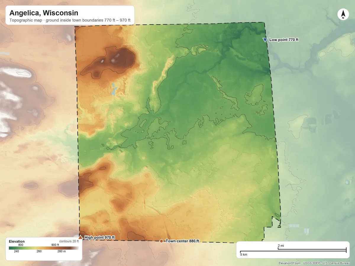 Topographic elevation map of Angelica, Wisconsin, shaded from 770 ft on the northeast side to 970 ft on the west side