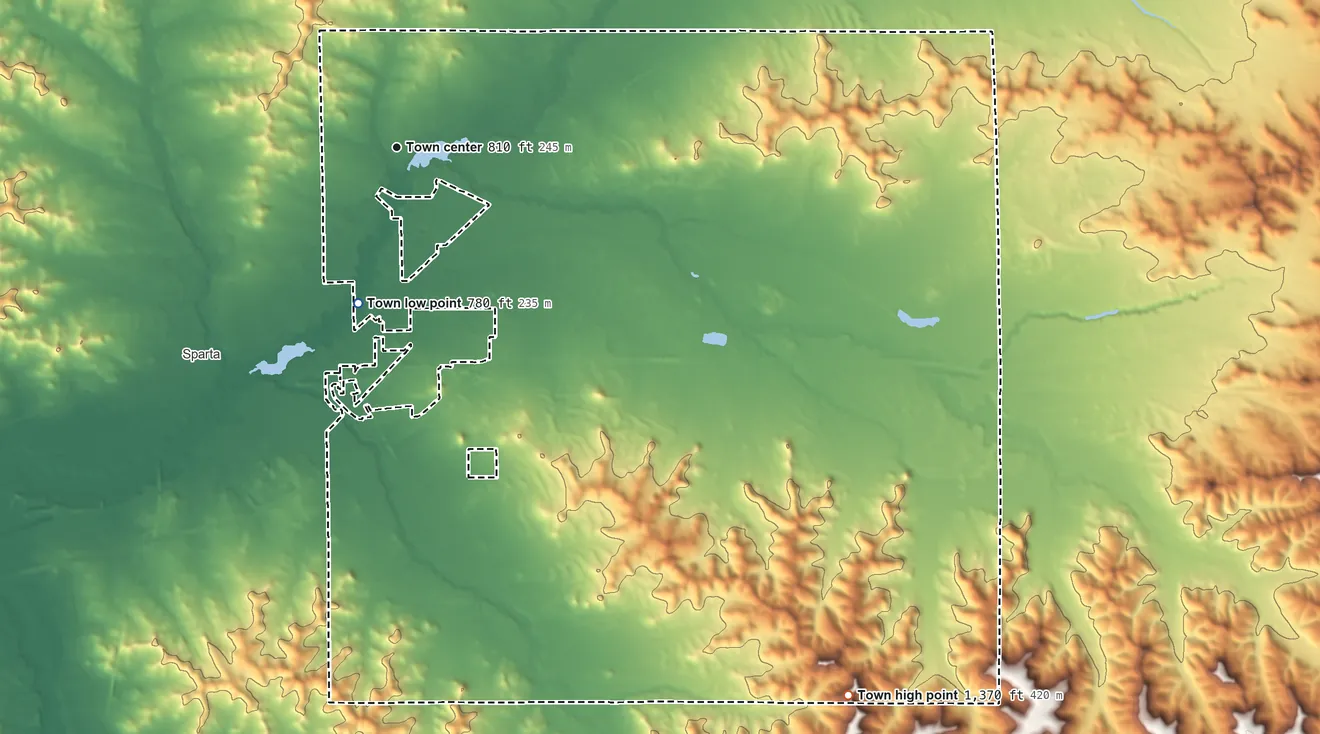 Topographic elevation map of Angelo, Wisconsin, shaded from 780 ft on the south side to 1,370 ft on the southeast side