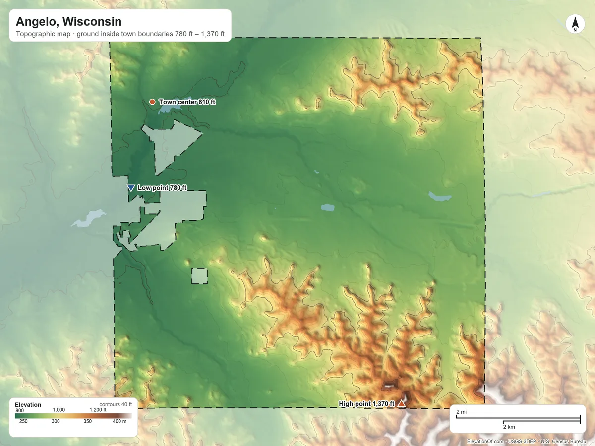 Topographic elevation map of Angelo, Wisconsin, shaded from 780 ft on the south side to 1,370 ft on the southeast side