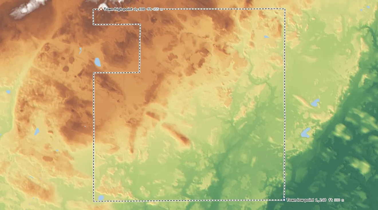 Topographic elevation map of Aniwa, Wisconsin, shaded from 1,240 ft on the southeast side to 1,490 ft on the northwest side