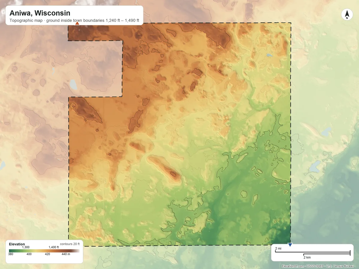 Topographic elevation map of Aniwa, Wisconsin, shaded from 1,240 ft on the southeast side to 1,490 ft on the northwest side