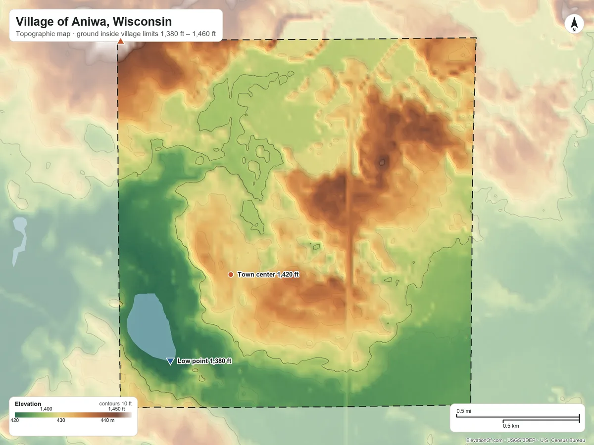 Topographic elevation map of Village of Aniwa, Wisconsin, shaded from 1,380 ft on the southwest side to 1,460 ft on the northwest side