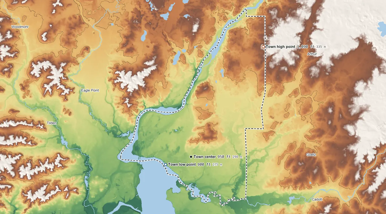 Topographic elevation map of Anson, Wisconsin, shaded from 900 ft on the west side to 1,090 ft on the northeast side