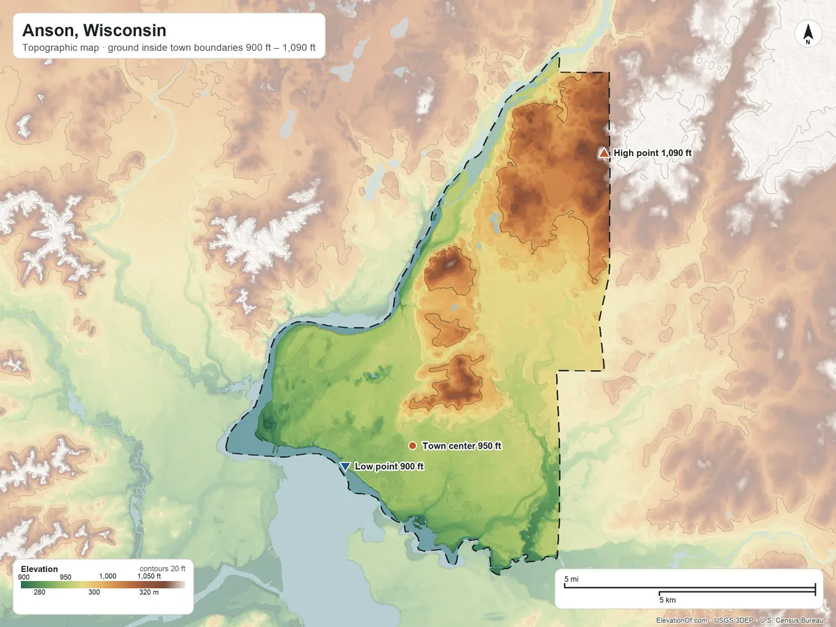 Topographic elevation map of Anson, Wisconsin, shaded from 900 ft on the west side to 1,090 ft on the northeast side