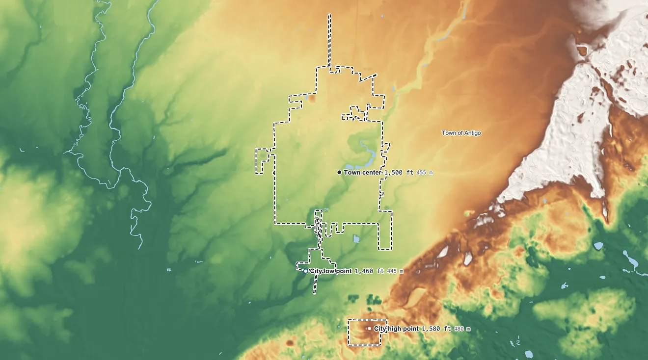 Topographic elevation map of Antigo, Wisconsin, shaded from 1,460 ft on the south side to 1,580 ft on the south side