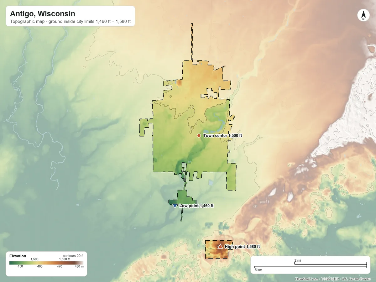 Topographic elevation map of Antigo, Wisconsin, shaded from 1,460 ft on the south side to 1,580 ft on the south side