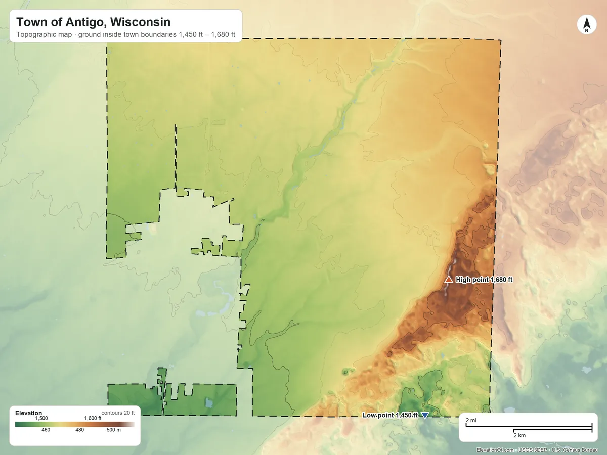 Topographic elevation map of Town of Antigo, Wisconsin, shaded from 1,450 ft on the southeast side to 1,680 ft on the east side