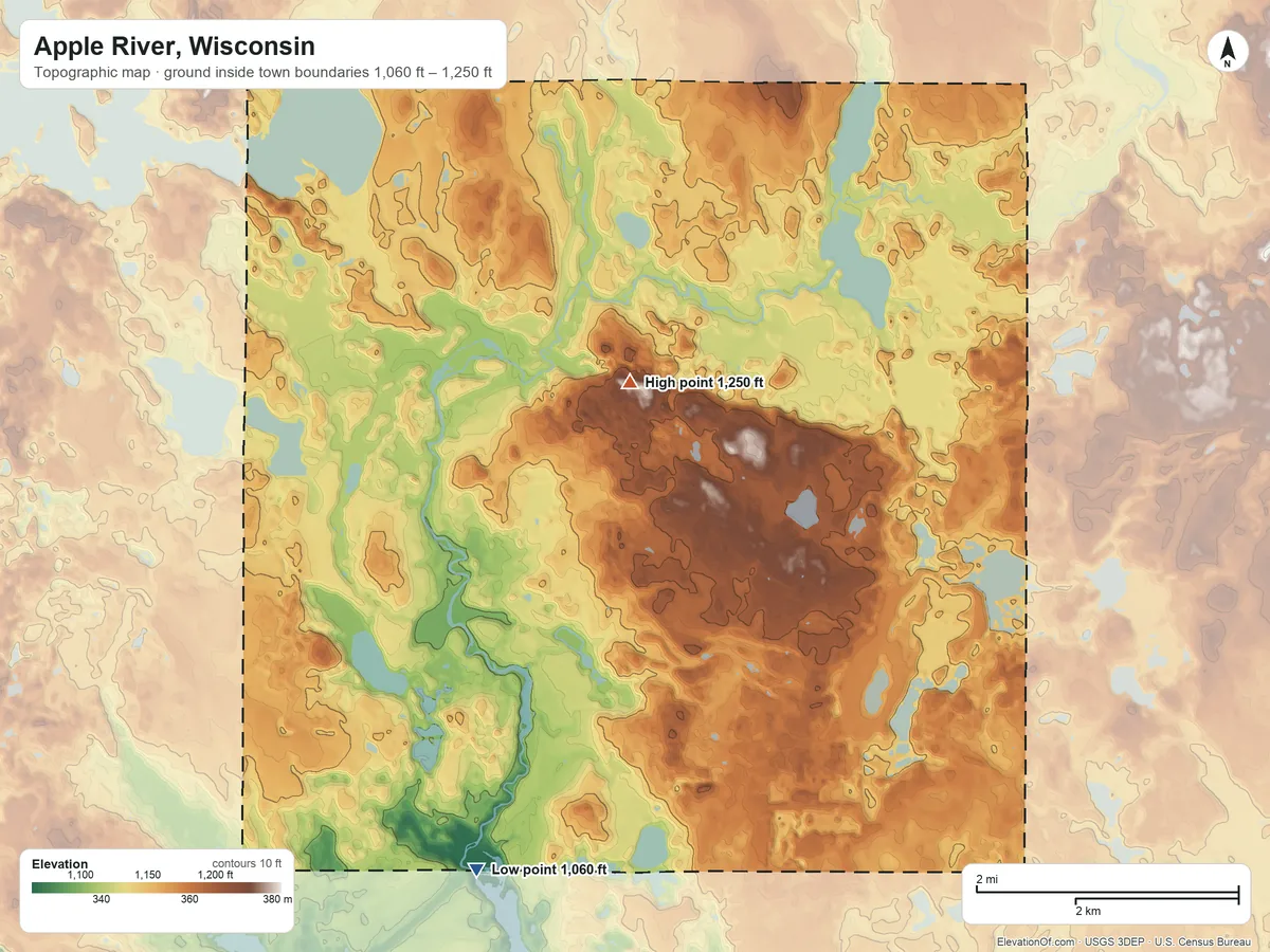 Topographic elevation map of Apple River, Wisconsin, shaded from 1,060 ft on the southwest side to 1,250 ft on the north side