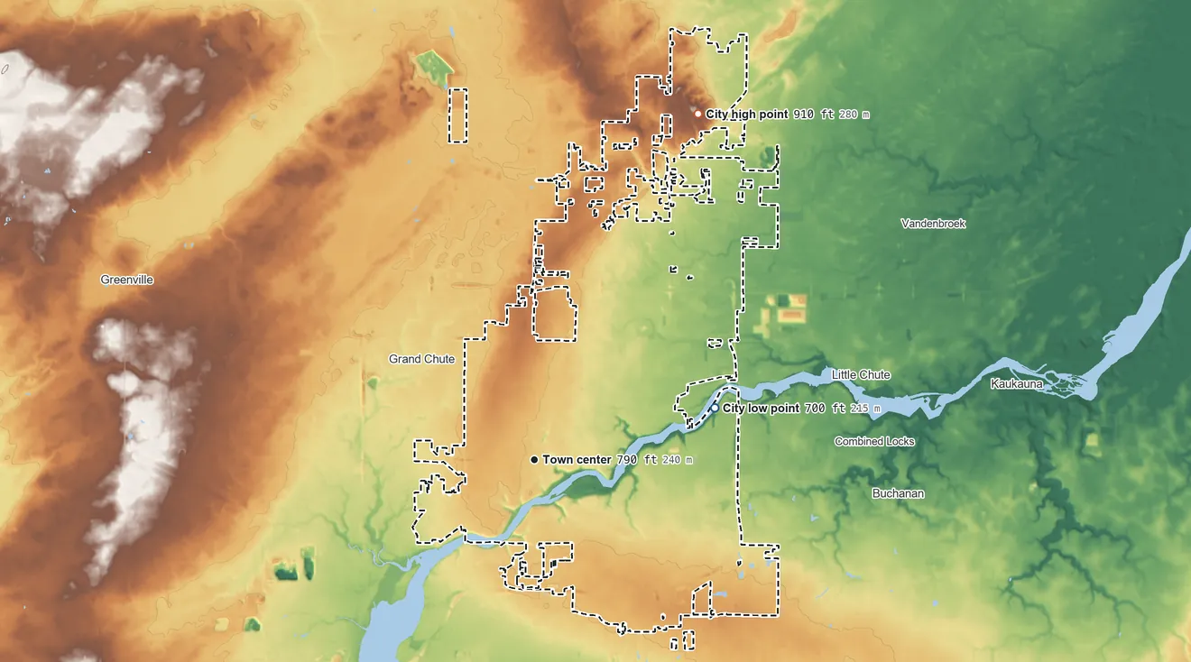 Topographic elevation map of Appleton, Wisconsin, shaded from 700 ft on the east side to 910 ft on the northeast side