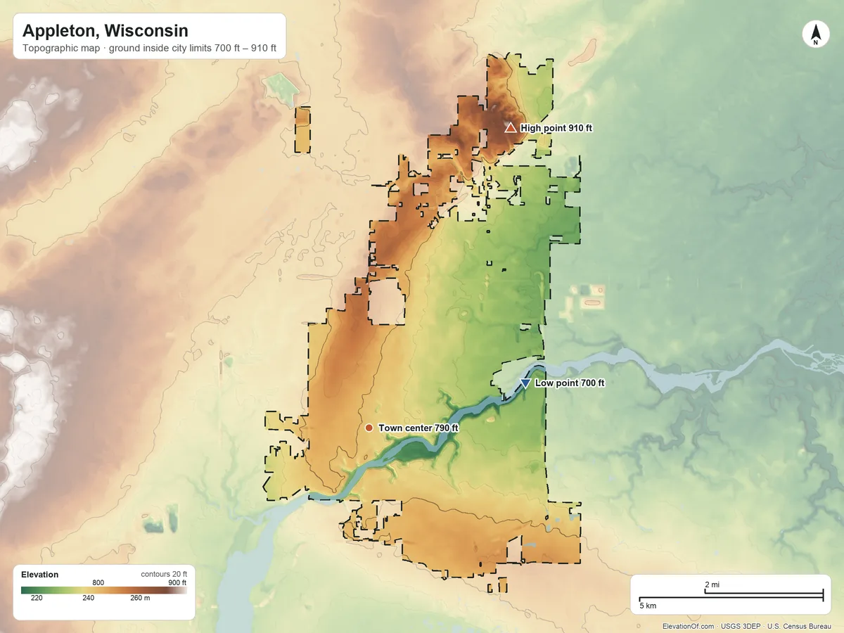 Topographic elevation map of Appleton, Wisconsin, shaded from 700 ft on the east side to 910 ft on the northeast side
