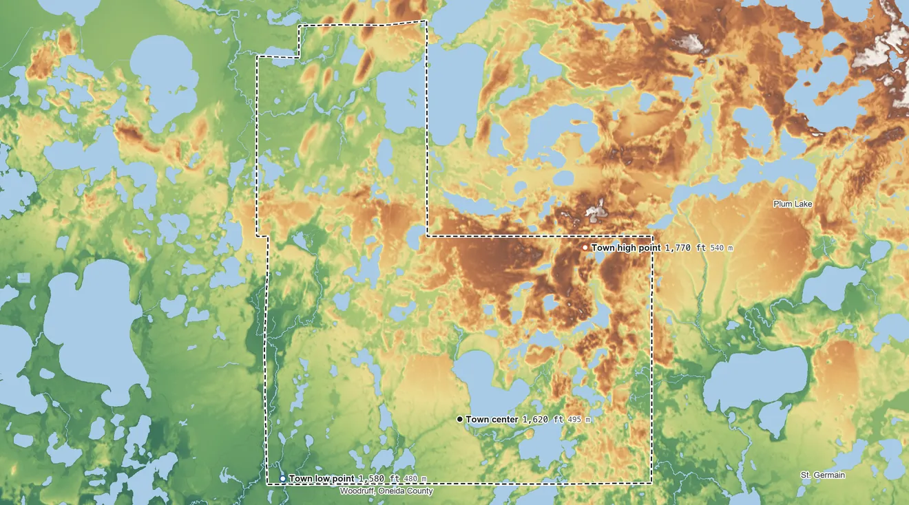 Topographic elevation map of Arbor Vitae, Wisconsin, shaded from 1,580 ft on the west side to 1,770 ft on the northeast side