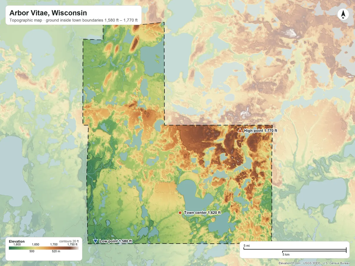 Topographic elevation map of Arbor Vitae, Wisconsin, shaded from 1,580 ft on the west side to 1,770 ft on the northeast side