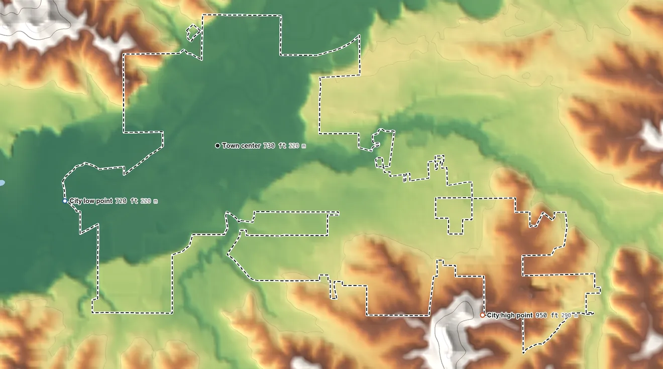 Topographic elevation map of Arcadia, Wisconsin, shaded from 720 ft on the west side to 950 ft on the southeast side
