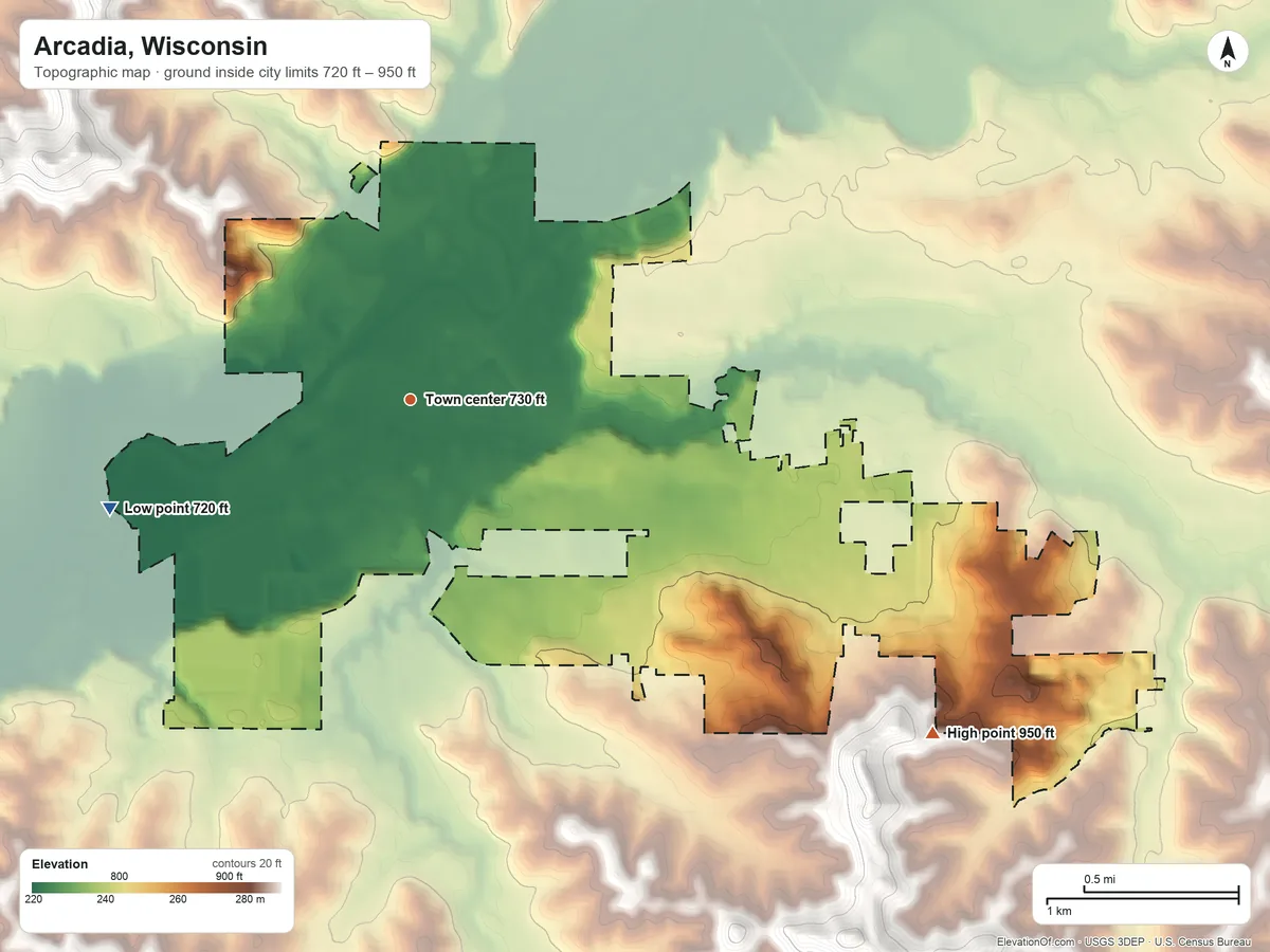 Topographic elevation map of Arcadia, Wisconsin, shaded from 720 ft on the west side to 950 ft on the southeast side