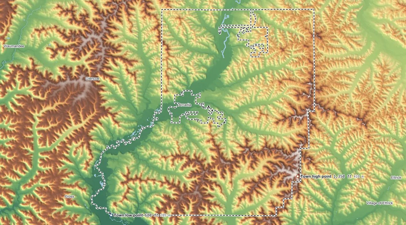Topographic elevation map of Town of Arcadia, Wisconsin, shaded from 680 ft on the southwest side to 1,350 ft on the southeast side