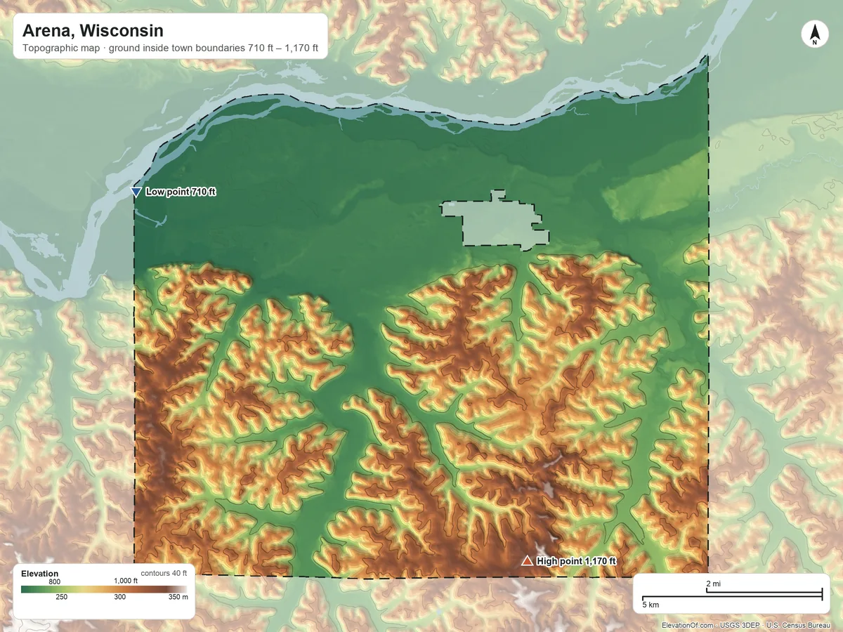 Topographic elevation map of Arena, Wisconsin, shaded from 710 ft on the west side to 1,170 ft on Indian Castle