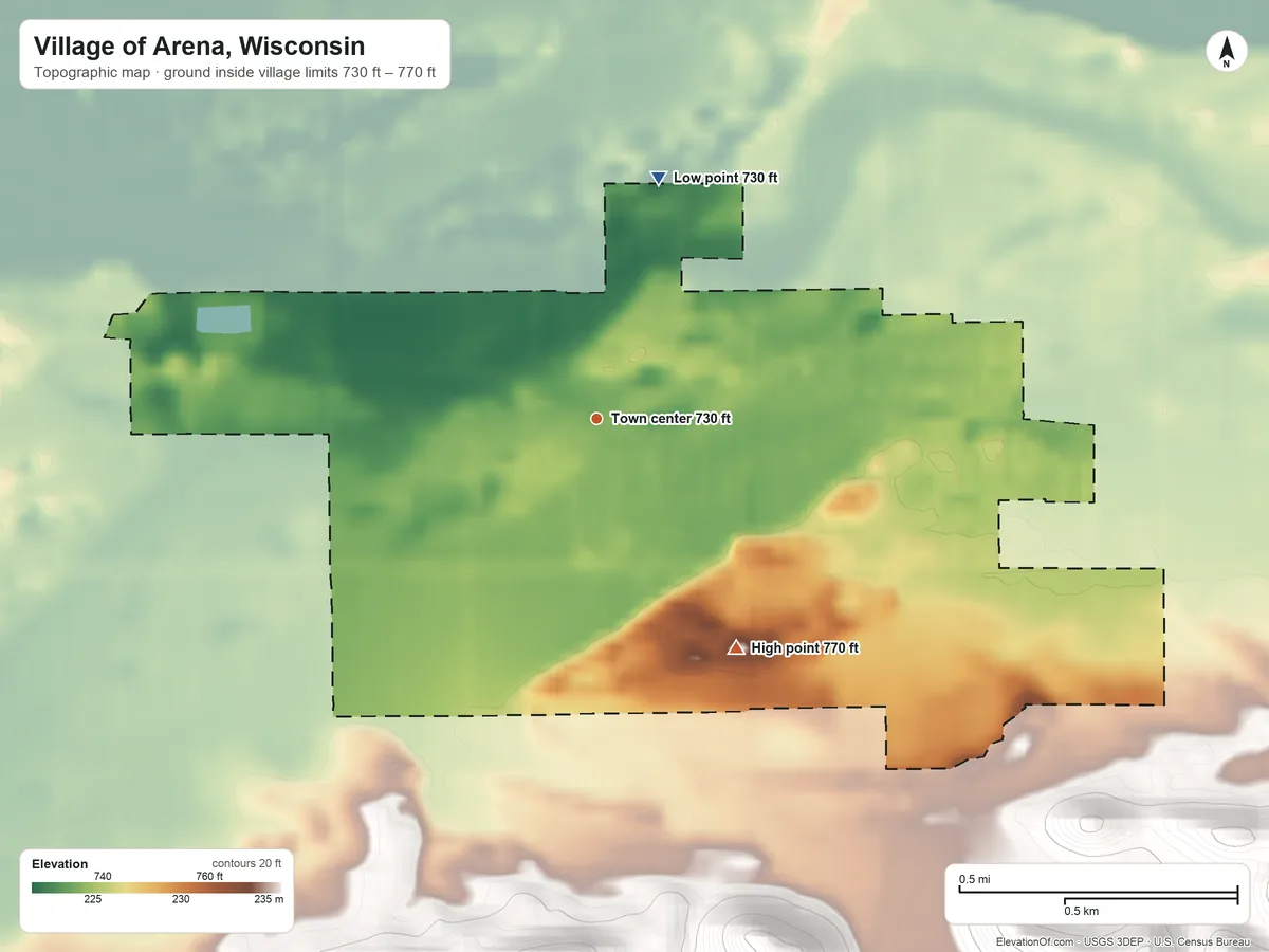 Topographic elevation map of Village of Arena, Wisconsin, shaded from 730 ft on the north side to 770 ft on the southeast side