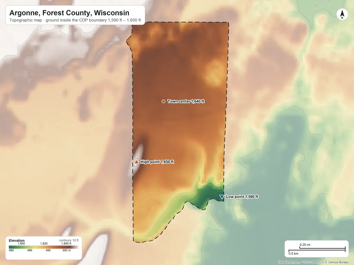 Topographic elevation map of Argonne, Forest County, Wisconsin, shaded from 1,590 ft on the southeast side to 1,650 ft on the southwest side