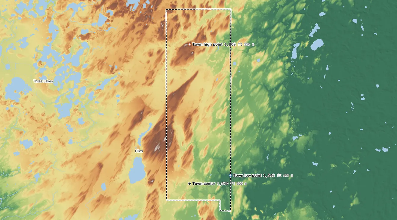 Topographic elevation map of Argonne, Wisconsin, shaded from 1,540 ft on the east side to 1,800 ft on the north side