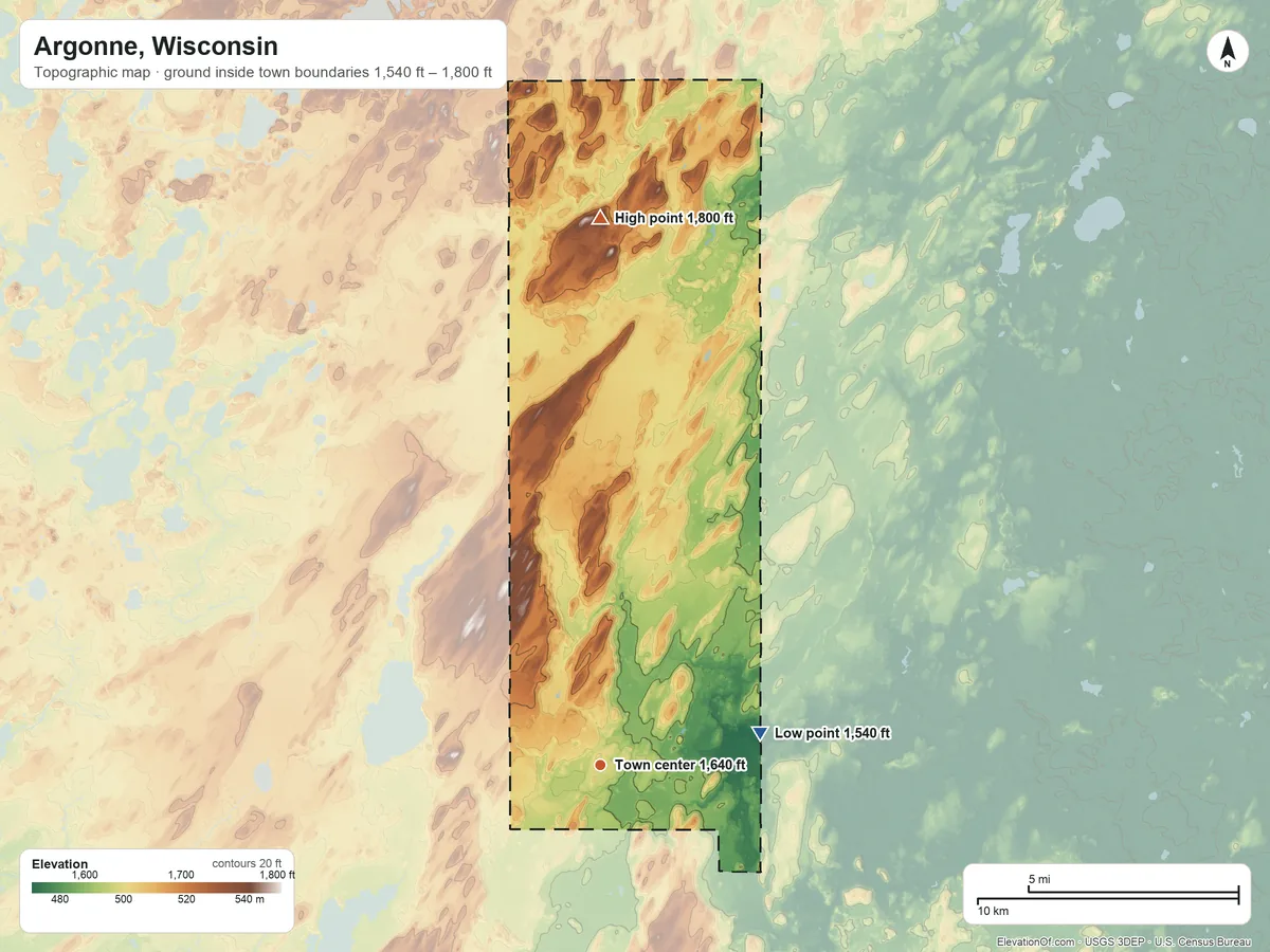 Topographic elevation map of Argonne, Wisconsin, shaded from 1,540 ft on the east side to 1,800 ft on the north side