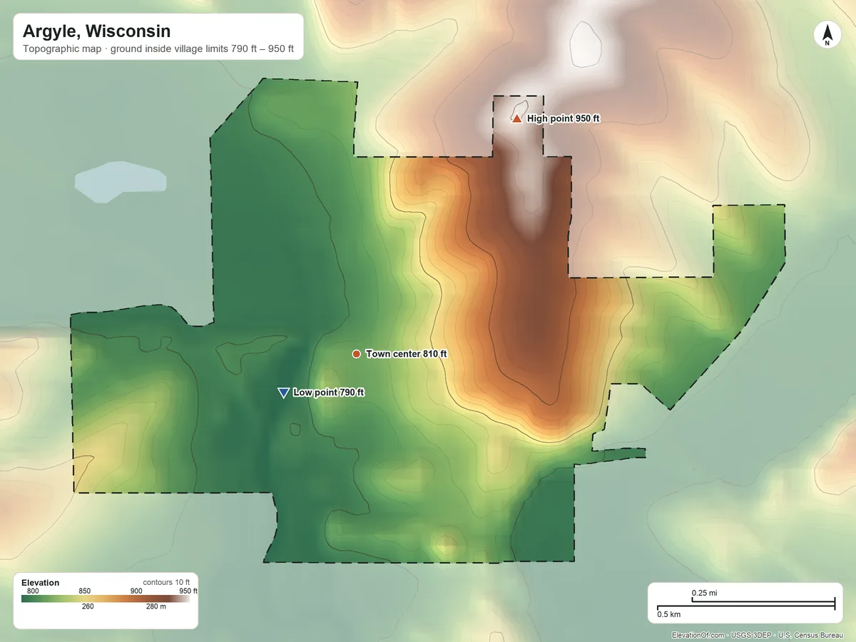 Topographic elevation map of Argyle, Wisconsin, shaded from 790 ft near the middle to 950 ft on the northeast side