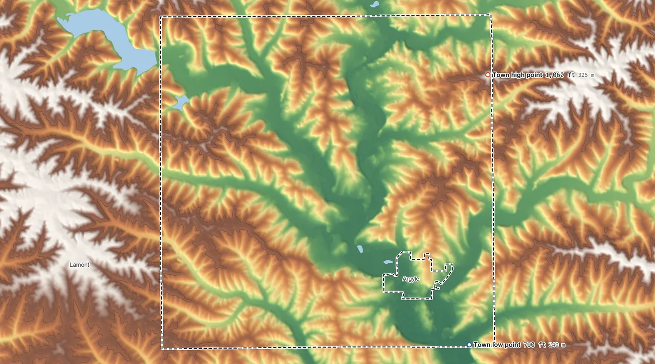 Topographic elevation map of Town of Argyle, Wisconsin, shaded from 790 ft on the southeast side to 1,060 ft on the northeast side