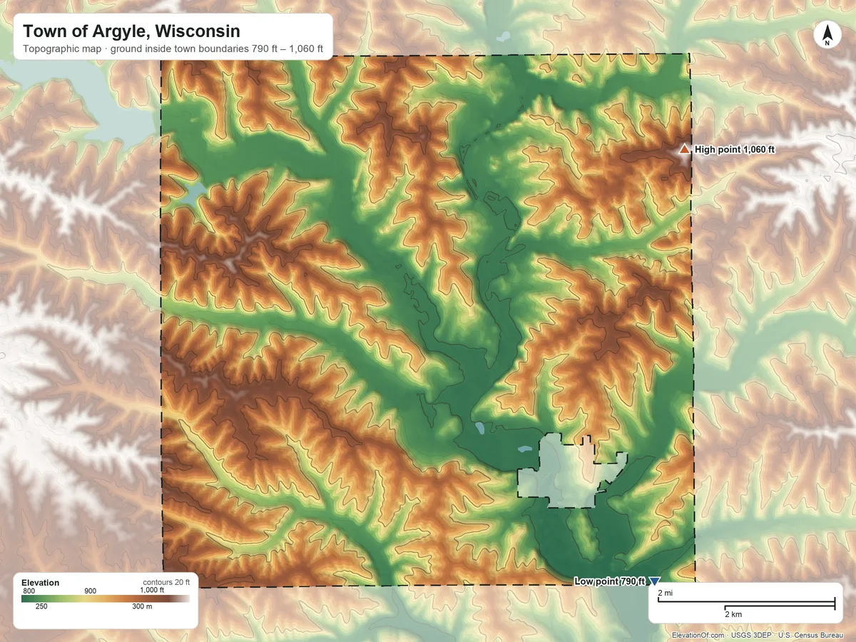 Topographic elevation map of Town of Argyle, Wisconsin, shaded from 790 ft on the southeast side to 1,060 ft on the northeast side