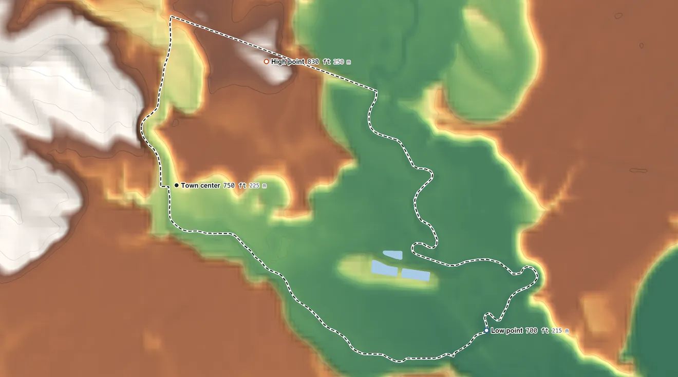 Topographic elevation map of Arkansaw, Wisconsin, shaded from 700 ft on the southeast side to 830 ft on the northeast side
