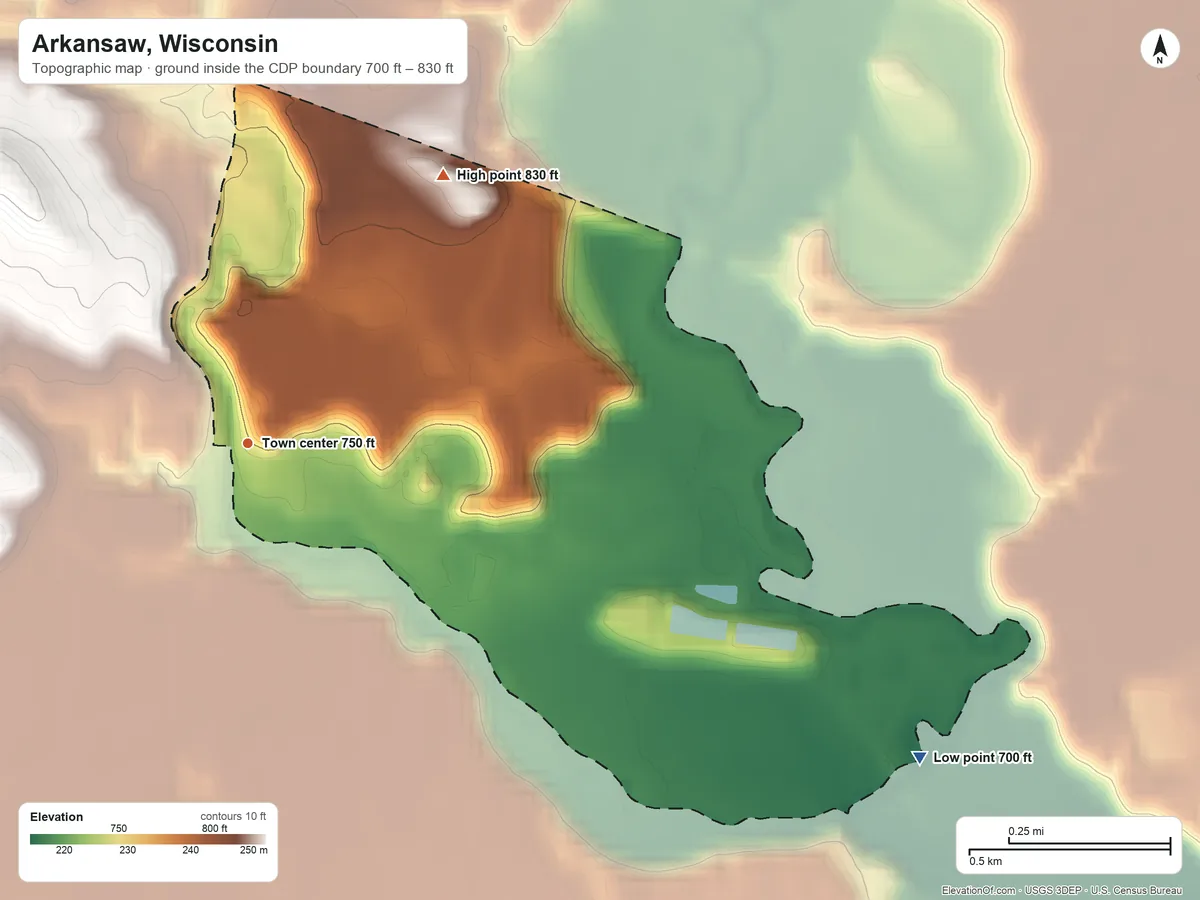 Topographic elevation map of Arkansaw, Wisconsin, shaded from 700 ft on the southeast side to 830 ft on the northeast side