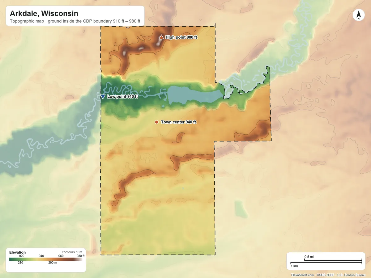 Topographic elevation map of Arkdale, Wisconsin, shaded from 910 ft on the northwest side to 980 ft on the north side