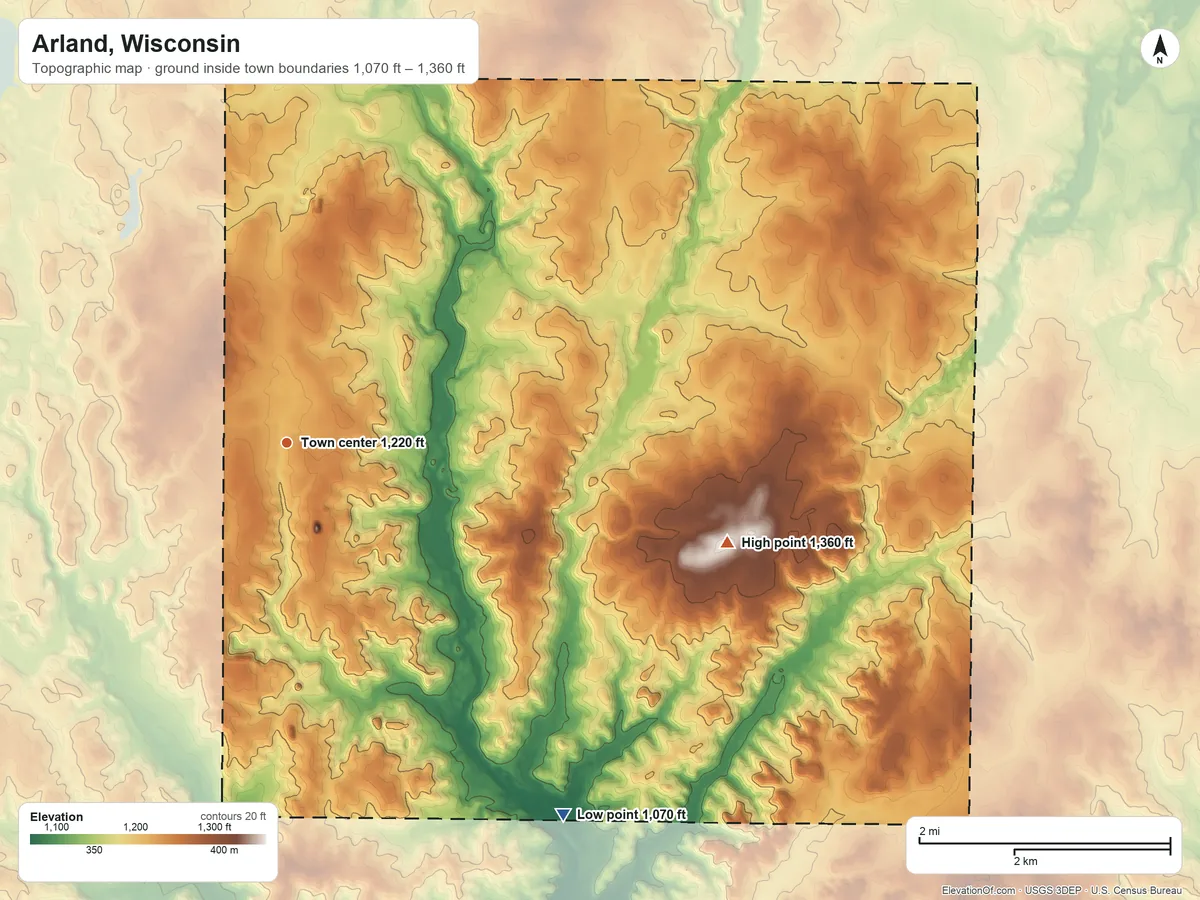Topographic elevation map of Arland, Wisconsin, shaded from 1,070 ft on the southeast side to 1,360 ft on the east side